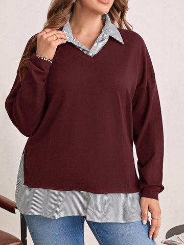 Plus Size Long Sleeve 2 In 1 Striped Patchwork Casual Sweater