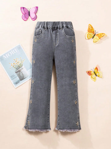 Little Girls' Casual Basic Flower Embroidery Split Hem Flared Jeans With Frayed Trims