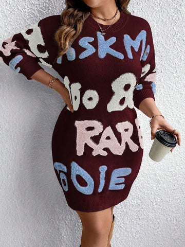 Plus Size Long Sleeve Bodycon Sweater Dress With Text Print