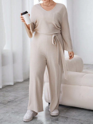 Women'S Plus Size Ribbed Jumpsuit With Belted Waist