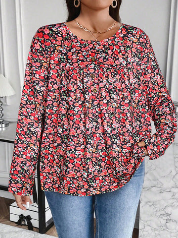 Plus Size Women'S Full Floral Printed Long Sleeve T-Shirt