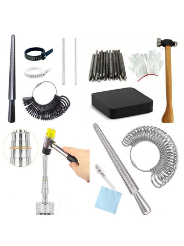 1-6pcs Ring Repair Kit With Base Lathe Handheld Hammer And Ring Stretcher Expander Tool, 1.6-2.4cm Ring Inner Diameter Adjuster, Ring Repair Rounded Tool, Ring Sizer Mandrel For Jewelry Sizing With 1 Hammer, Anvil, Rubber Mat, Polishing Bar, Ring Expander