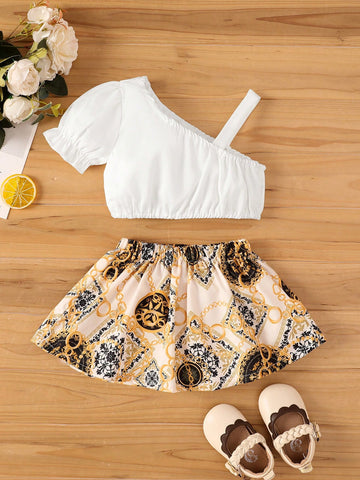 Baby Girl's Asymmetrical Neckline Puff Sleeve Top And Printed Skirt Set