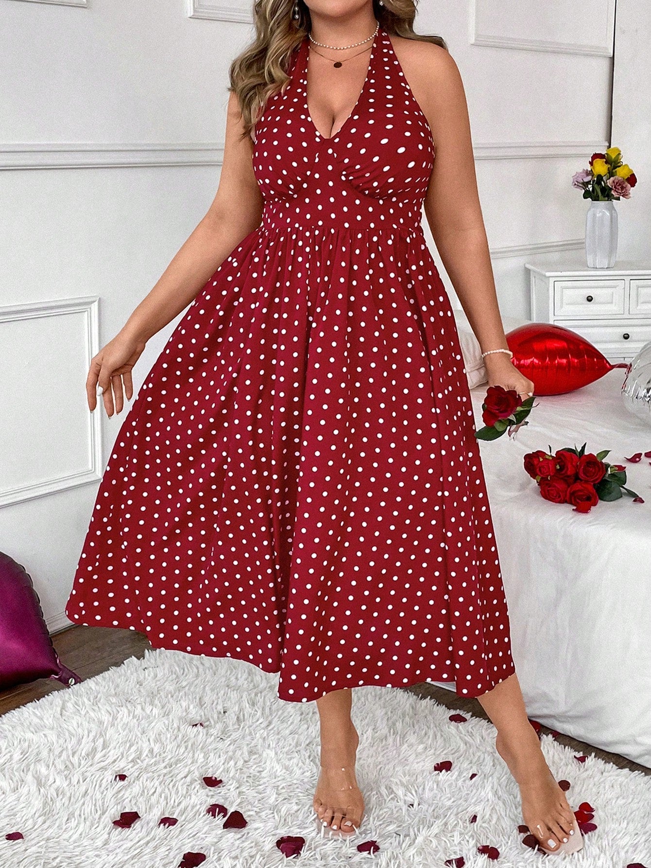 Plus Size Polka Dot Print Backless Halterneck Dress
