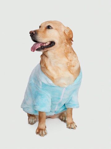Plush And Warm Blue & White Gradient Cloud Effect Pet Jacket With Zipper Closure And No Hood