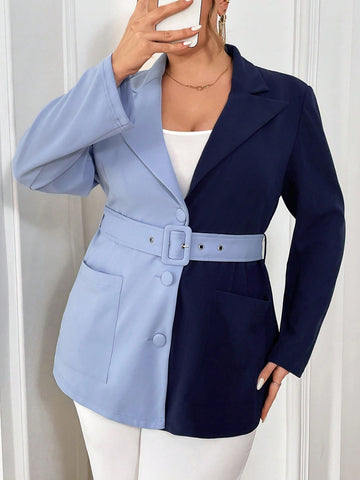 Plus Size Women'S Colorblock Belted Blazer Jacket