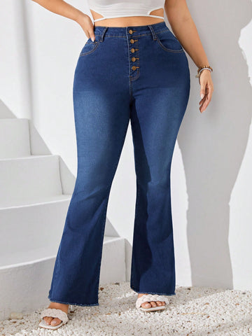 Women's Plus Size Flare Jeans With Front Button Closure