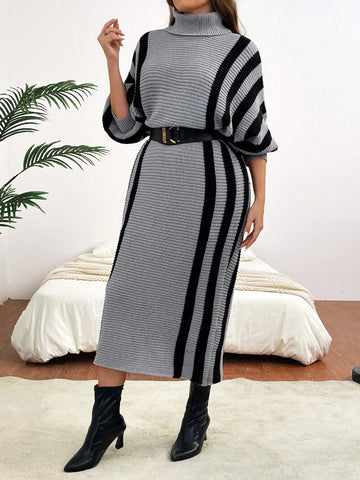Plus Size High Neck Batwing Sleeve Sweater Dress (Belt Not Included)