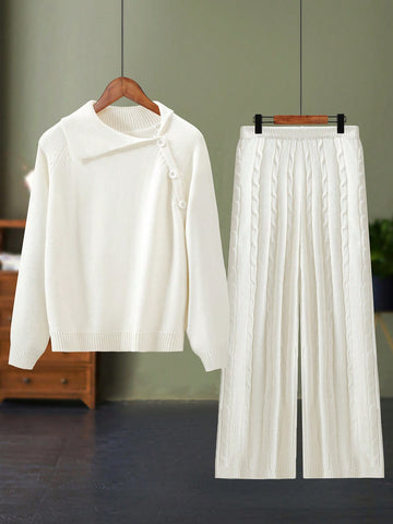 Plus-Size Solid Color Raglan Sleeve Sweater And Cable Knitted Pants Set