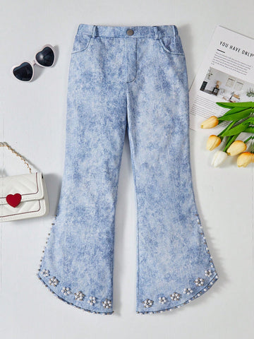 Tween Girls' Slim Fit College-Style Elastic Waist Faux Denim Slub Twill Printed Pearl Detail Irregular Hem Pants