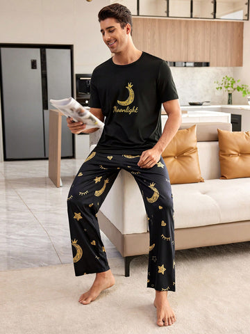 Men's Moon And Letter Print Short Sleeve T-Shirt And Pants Homewear Set
