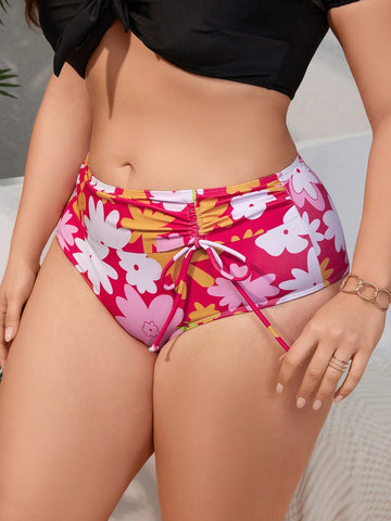 Plus Size Floral Printed Swimwear Bottoms With Drawstring Detail