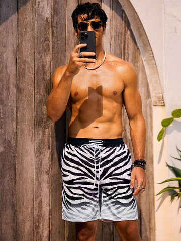 Men'S Drawstring Waist Beach Shorts With Zebra Print