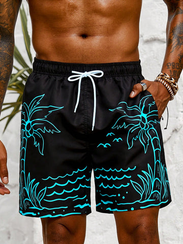 Men's Coconut Tree Print Beach Shorts With Drawstring Waist
