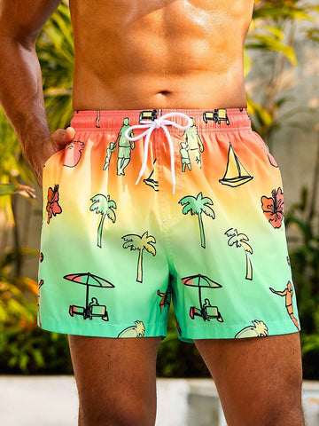 Men'S Tropical Print Drawstring Waist Board Shorts