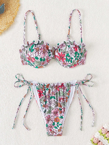 Random Floral Print Ruffle Trimmed Bikini Swimsuit Set With Knot Detailing And Side Ties New Year