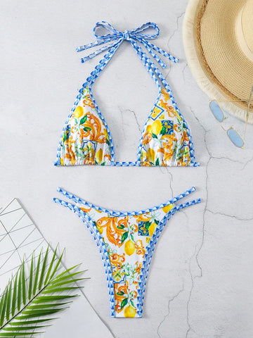Baroque Printed Triangle Cup Halter Neck Bikini Swimsuit Set