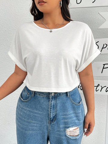 Women'S Plus Size White Knitted Short Sleeve T-Shirt