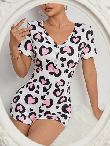 Women'S Milk Silk Heart Printed One-Piece Pajamas