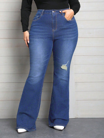 Plus Size Distressed Flare Jeans With Hole Details