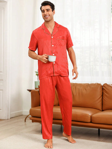 Men'S Contrasting Color Trim Top And Solid Color Long Pants Homewear Set