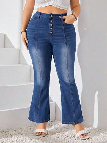 Plus Size Button Front Flared Jeans