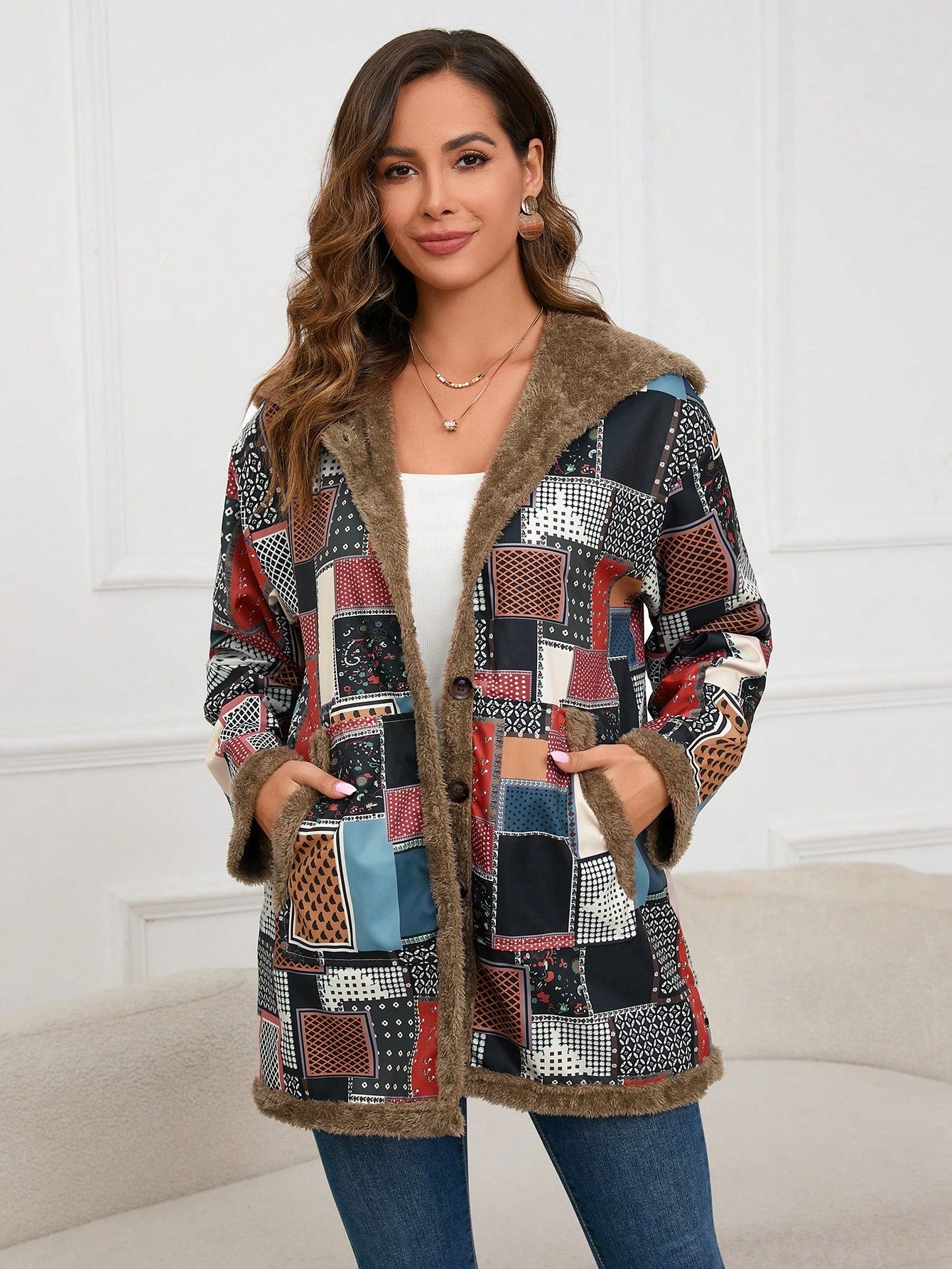 Patchwork Print Teddy Lined Hooded Coat