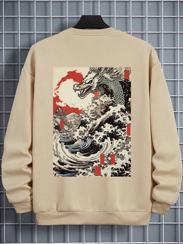 Men'S Round Neck Sweatshirt With Wave Print Back Design