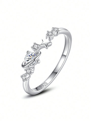 1pc Glamorous Silver Cubic Zirconia & Star Decor Ring For Women For Dating Gift