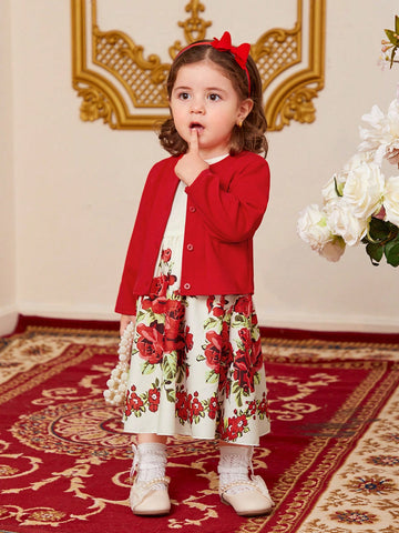 Baby Girls' Floral Printed Dress With Red Knitted Cardigan