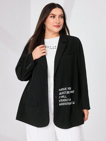 Plus Size Women's Long Sleeve Suit Jacket With Slogan Print