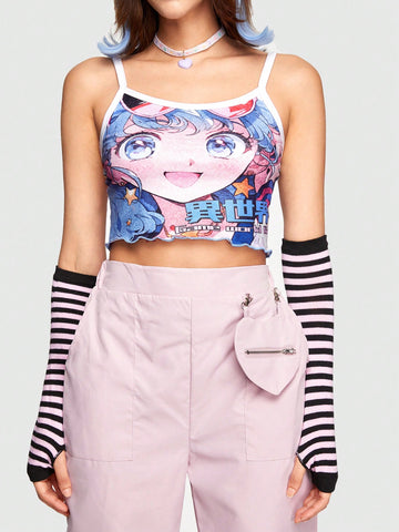Women'S Cute Character Cartoon Printed Camisole Top With Japanese Kawaii & Harajuku Style, Comfortable And Slim-Fit