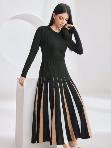Contrast Striped Bell Bottom Hem Long Sleeve Sweater Dress