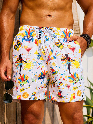 Men'S All Over Printed Beach Shorts With Slanted Pockets