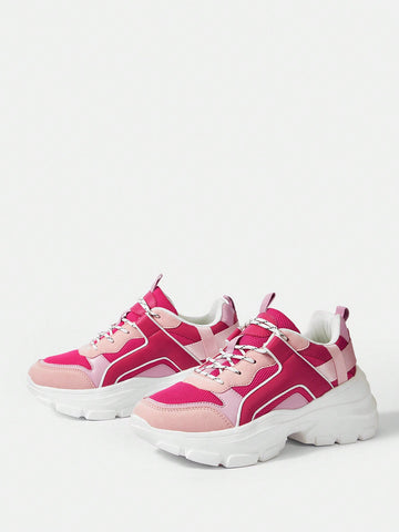 Women's Lovely Pink & Peach Casual Lace-up Dad Sneakers With Fashionable Thick Sole, Lightweight And Comfortable