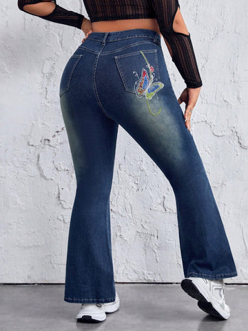 Women'S Plus Size Butterfly Embroidered Water Washed Flare Jeans