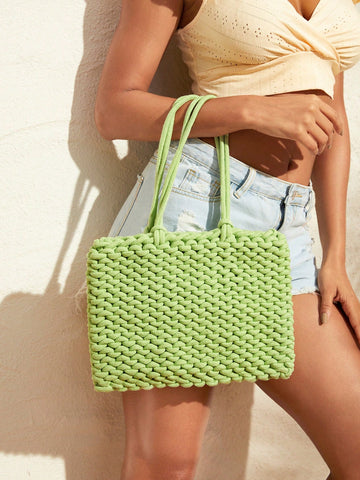 Women's Medium Green Knot Detail Crochet Tote Bag,Perfect For Summer Beach Travel Vacation,For Outdoor,Holiday