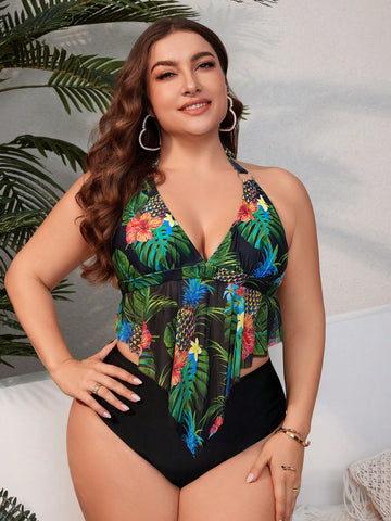 Plus Size Women's Halter Neck Plant Printed Two Piece Swimsuit