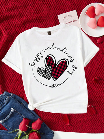 White Round Neck Heart & Letter Printed Women Valentine's Day Short Sleeve T-Shirt