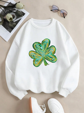Plus Size Four Leaf Clover Printed Fleece Sweatshirt