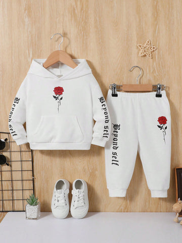 Baby Boys' Rose Flower & Letter Pattern Hooded Sweatshirt And Pants Set