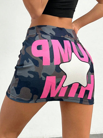 Women'S Camouflage Star & Letter Print Bodycon Mini Skirt
