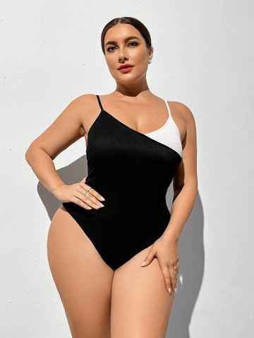 Women's Plus Size Casual Fashion Colorblock Bodysuit With Spaghetti Straps For Spring/Summer