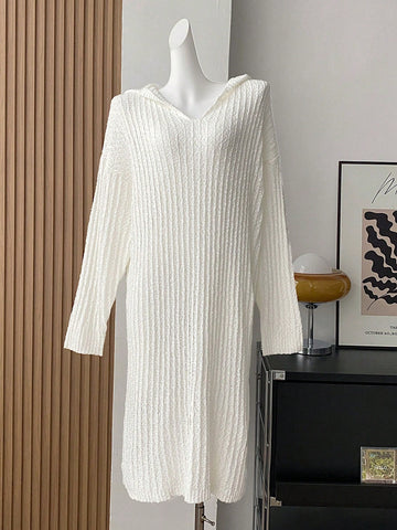 Plus Size White Long Sleeve Hooded Casual Sweater Dress