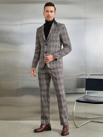 Men's Woven Plaid Single Breasted Suit
