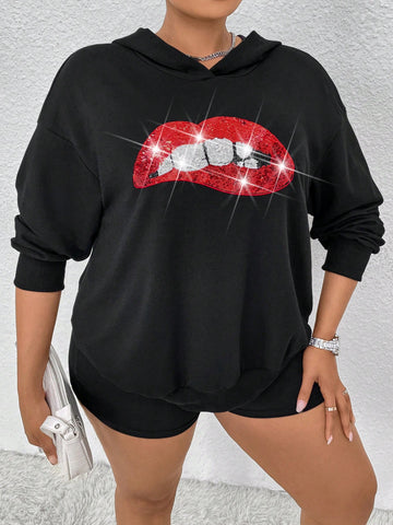 Plus Size Hooded Sweatshirt With Sequin Lips Pattern