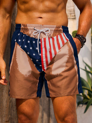 Men's Drawstring Waist American Flag Printed Beach Shorts