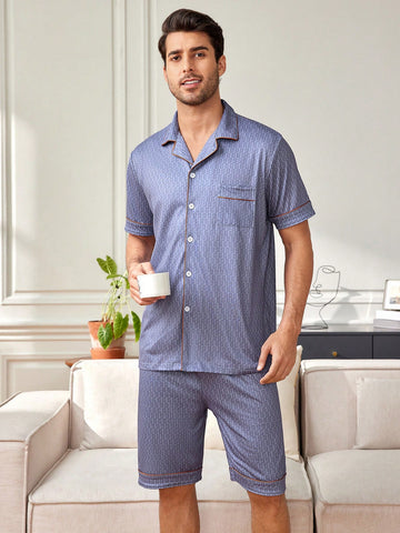 Men'S Contrast Piping Short-Sleeved Shirt And Shorts Loungewear Set