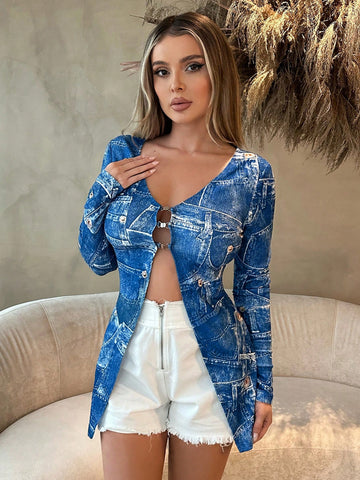 Ladies' Imitation Denim Jacket Outfit Spring Summer Women Clothes Bachelorette Party Spring Break Birthday Outfit Valentine Day Sexy Outfits Metallic Fabric