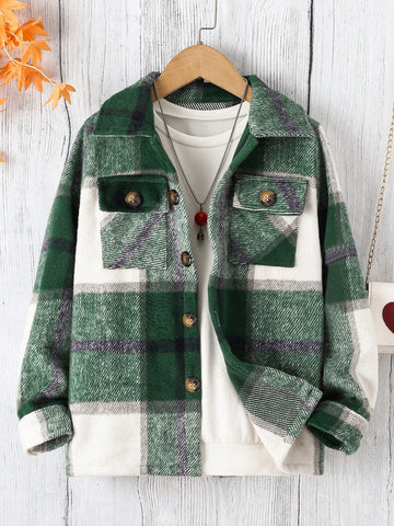 Boys Plaid Print Flap Pocket Flannel Coat Without Tee